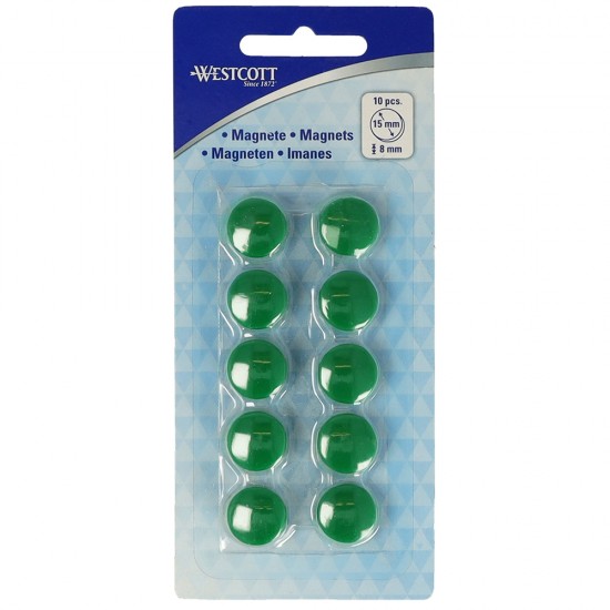 Set 10 magneti Westcott, d15 mm, verde, sustin 3/4 coli, 80g