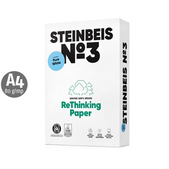 Hartie copiator reciclata, Steinbeis NO 3 Pure White, A4, 80 g/mp, 500 coli/top