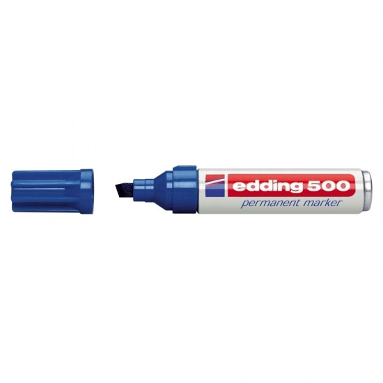 Marker permanent Edding 500, negru, corp aluminiu, varf retezat, 2-7 mm, albastru